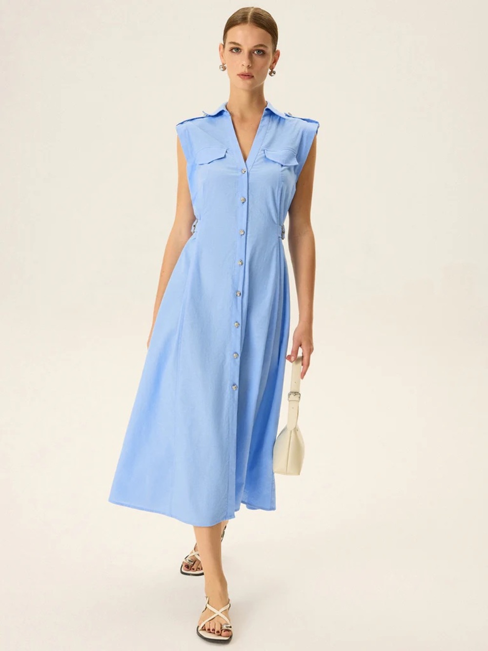 Commense Linen & Cotton V-Neck Midi Dress with Metal Button Small NWT